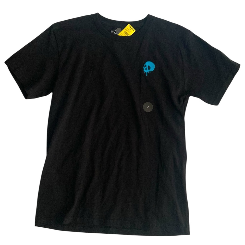Riot Society Black Tee with Blue Melting Skull Embroidered Mens T-Shirt Size L